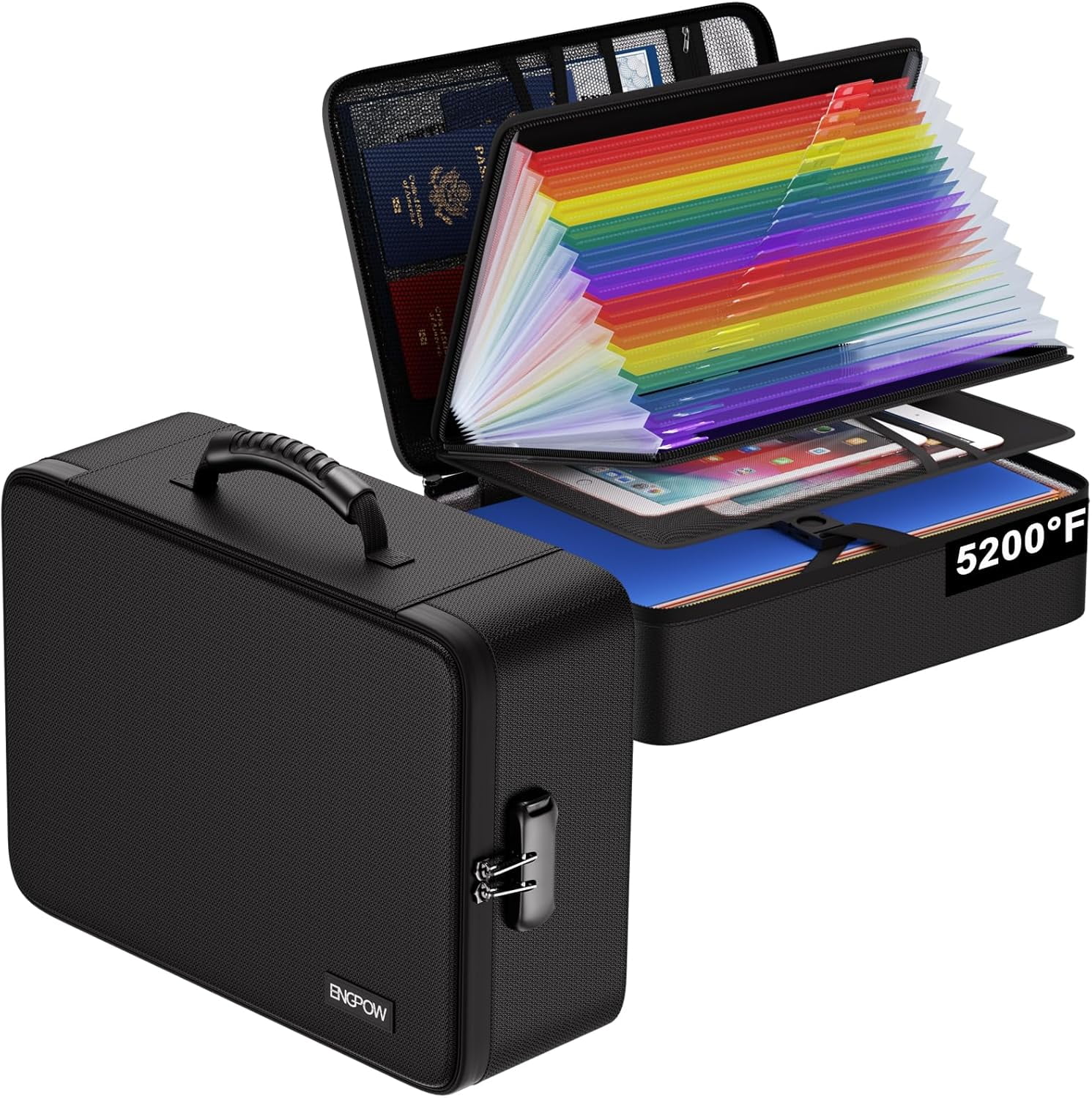 Fireproof File Organizer Bag with 13 Colorful Pockets Accordion File Folder,5200℉ Document Organizer Box with Lock&Labels,Multi-Layer Portable Home Safe Storage for Important Documents,Files