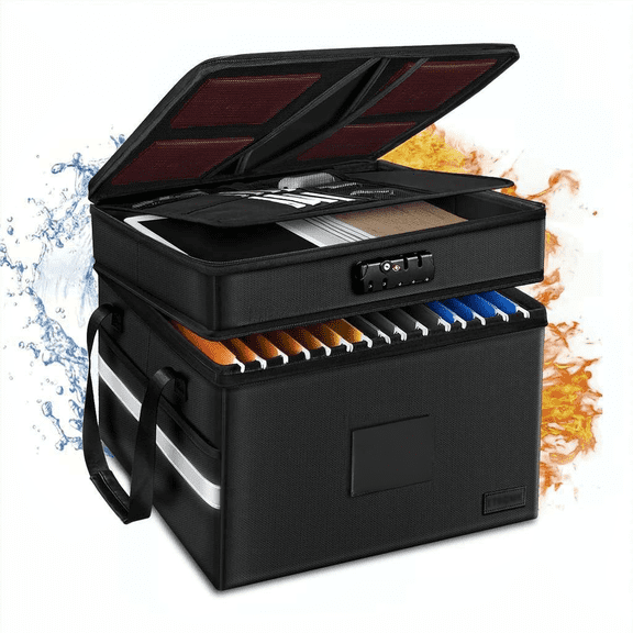 Fireproof File Organizer with Lock, 2-Layer Document Box, 5 Tab Inserts, Portable Collapsible Cabinet for Letter and Legal Size Folders, Black, 42L Bestseling