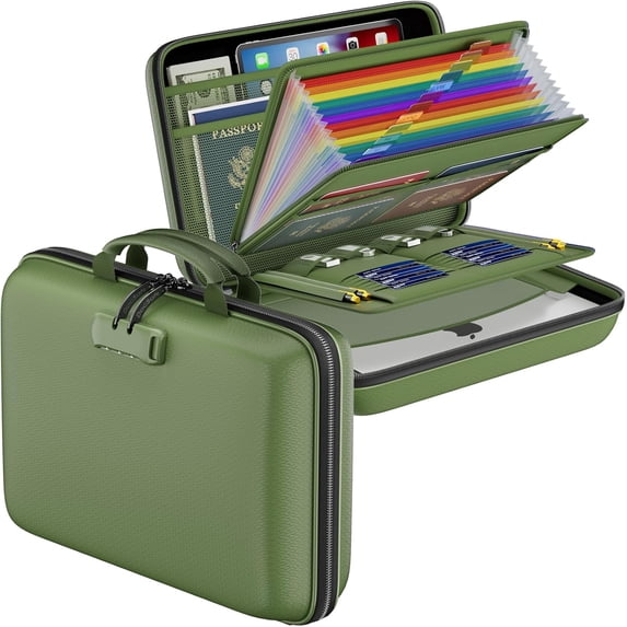Fireproof File Organizer with Lock, Hard-Shell Case Fireproof Document Box with 13 Pocket Accordion File Folder, Portable Home Office Travel Safe Storage for Important Documents Laptop Green