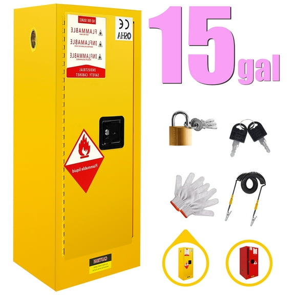 Fireproof Flammable Storage Cabinet 15 Gallon, Adjustable Thickened Shelf, Galvanized Steel, Yellow, Liquid Storage, Hazardous Storage Cabinets, Safety Cabinets for Laboratory Storage