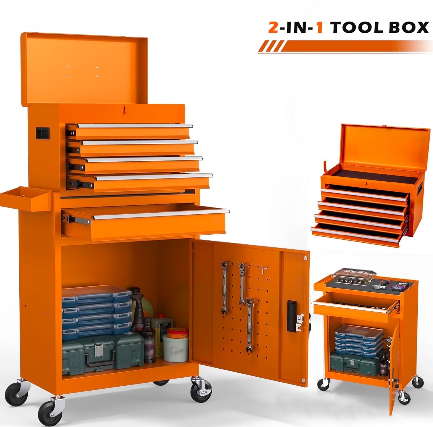 Tool Chest, 5-Drawer Rolling Tool Storage Cabinet with Detachable Top Tool Box, Liner, Universal Lockable Wheels, Adjustable Shelf, Locking Mechanism, Metal Tool Cart Multipurpose for Studio