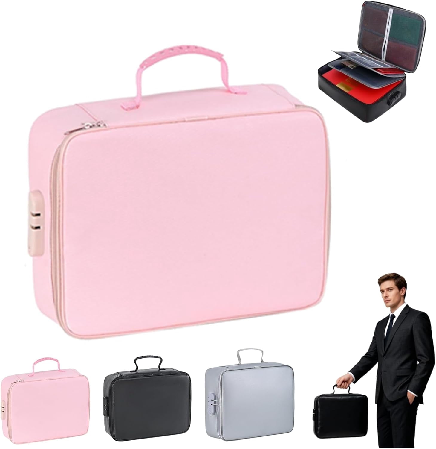 Fireproof Keepsake Box with Lock, Fireproof and Waterproof Document Storage Box for Documents, Portable Home Travel Safe Storage for Important Documents, Files and More (Pink)