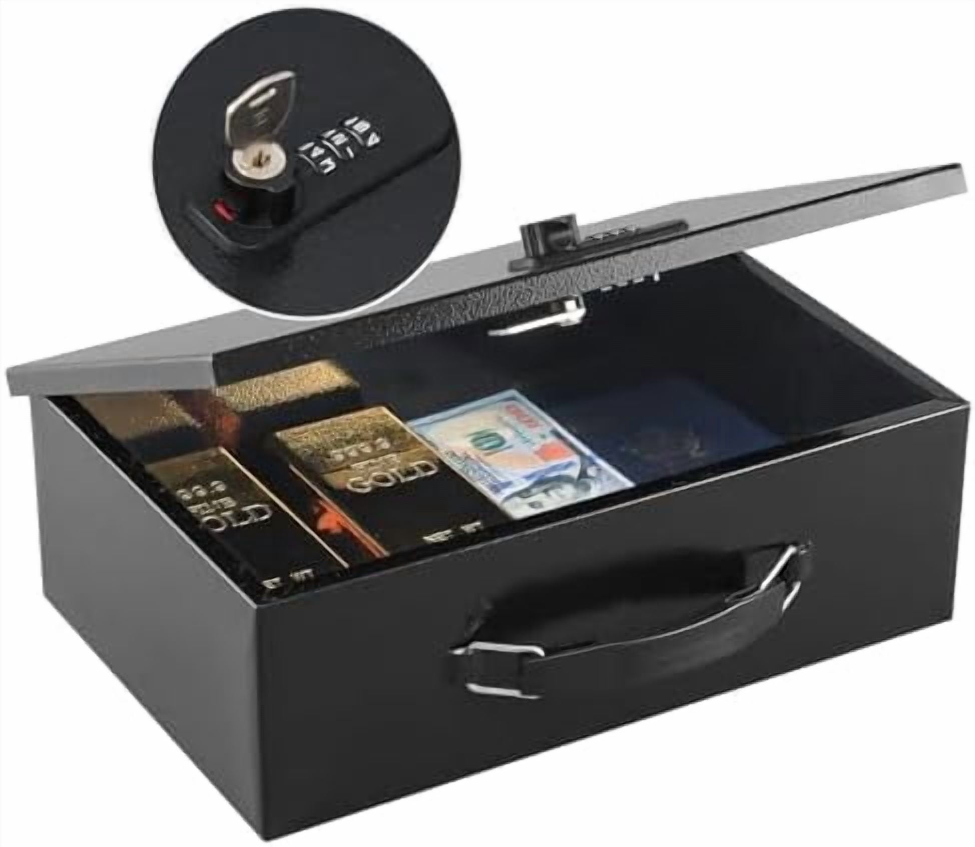 Fireproof Lock Box for Documents, Dual Combination and Key Lock Security with Carrying Handle, Metal Strong Safe Box to Keep Personal Items,Documents, Exterior 12.8" x 8.4" x 4.5", Black