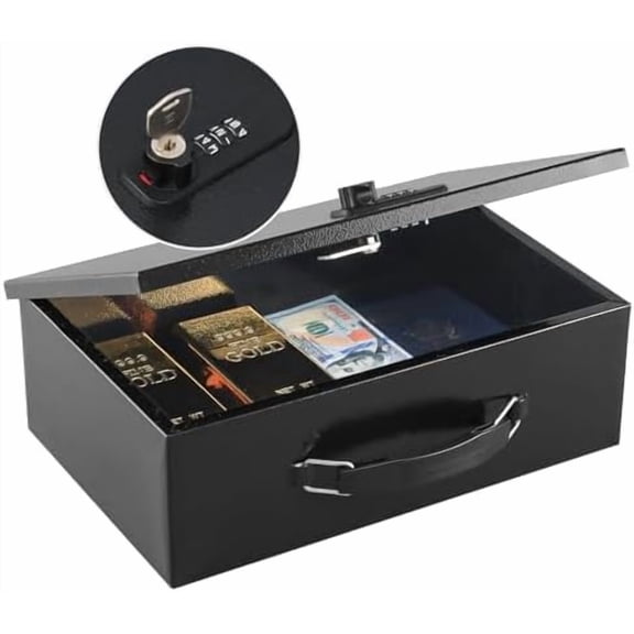 Fireproof Lock Box for Documents, Dual Combination and Key Lock Security with Carrying Handle, Metal Strong Safe Box to Keep Personal Items,Documents, Exterior 12.8" x 8.4" x 4.5", Black