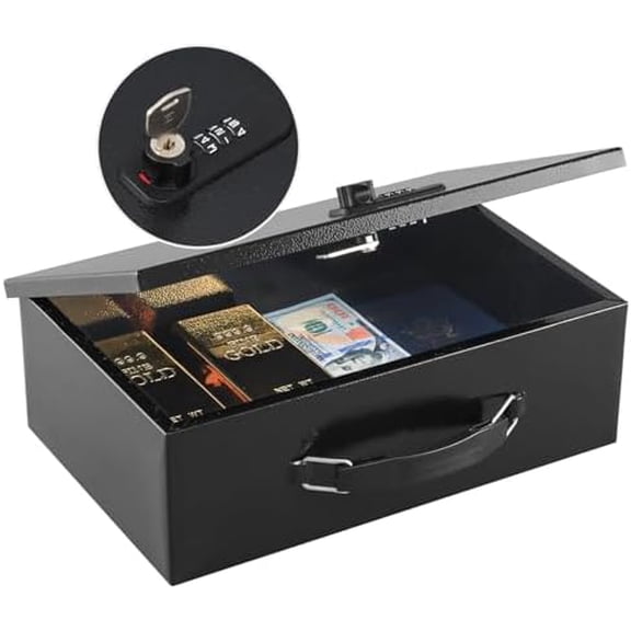 Fireproof Lock Box for Documents, Dual Combination and Key Lock Security with Carrying Handle, Metal Strong Safe Box to Keep Personal Items,Documents, Exterior 12.8" x 8.4" x 4.5", Black