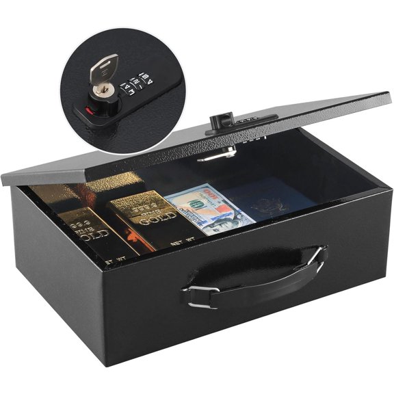 Fireproof Lock Box for Documents, Dual Combination and Key Lock Security with Carrying Handle, Metal Strong Safe Box to Keep Personal Items,Documents, Exterior 12.8" x 8.4" x 4.5", Black