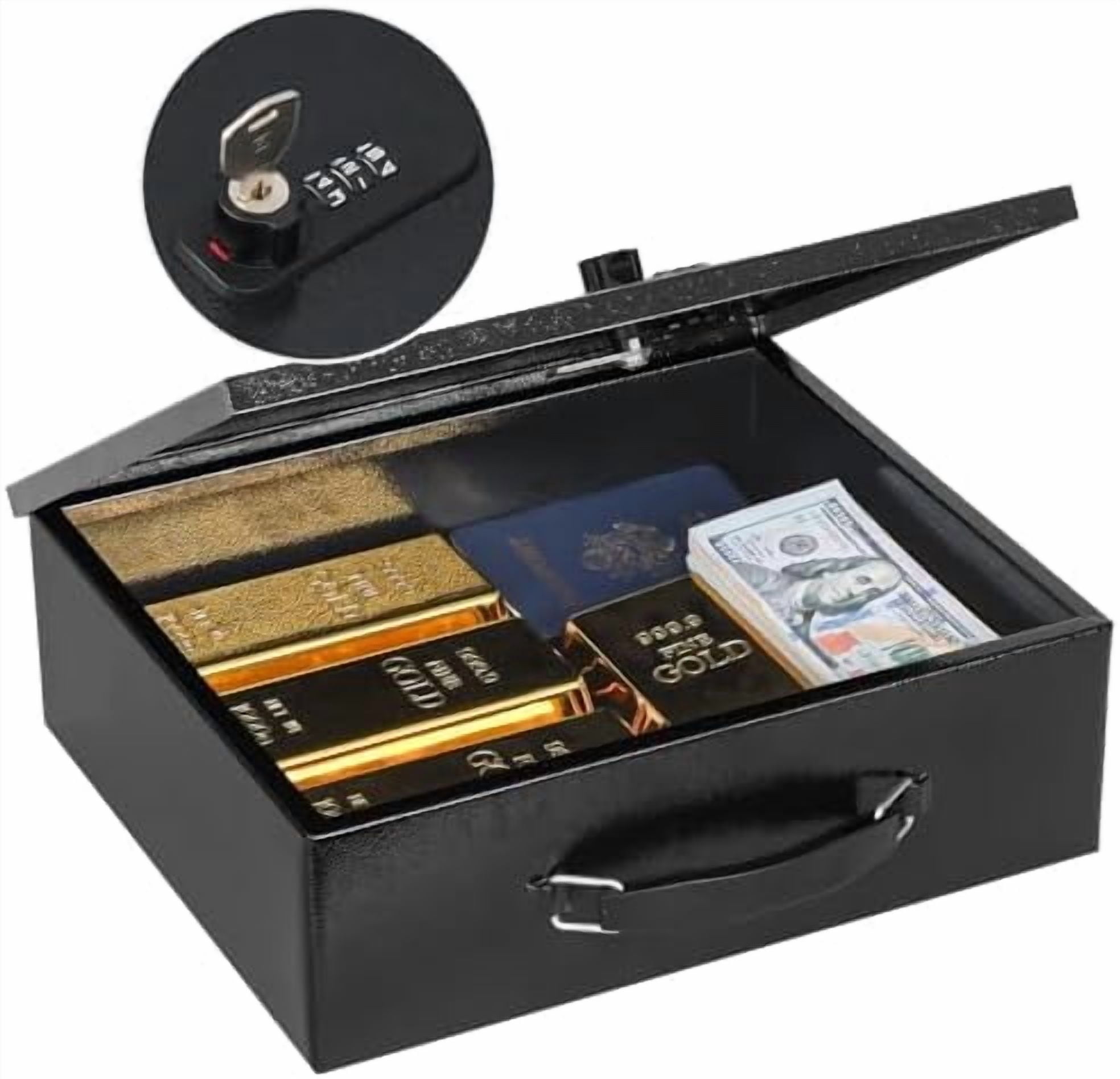 Fireproof Lock Box for Documents, Dual Combination and Key Lock Security with Carrying Handle, Metal Strong Safe Box to Keep Personal Items, Documents, Exterior 13.2''x 11''x4.13'', Black