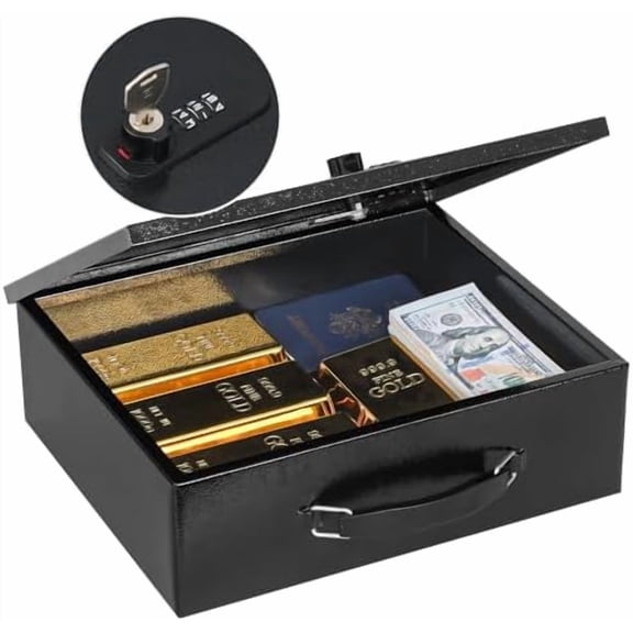 Fireproof Lock Box for Documents, Dual Combination and Key Lock Security with Carrying Handle, Metal Strong Safe Box to Keep Personal Items, Documents, Exterior 13.2''x 11''x4.13'', Black