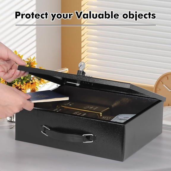 Fireproof Lock Box for Documents, Dual Combination and Key Lock Security with Carrying Handle, Metal Strong Safe Box to Keep Personal Items, Documents, Exterior 13.2''x 11''x4.13'', Black