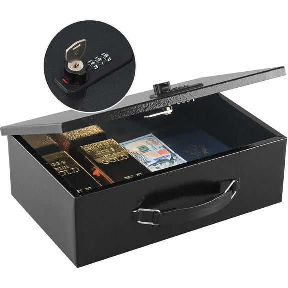 Fireproof Lock Box for Documents, Dual Combination and Key Lock Security with Carrying Handle, Metal Strong Safe Box to Keep Personal Items, Documents, Exterior 13.2''x 11''x4.13'', Black