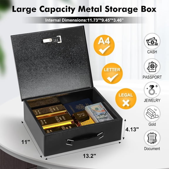 Fireproof Lock Box for Documents, Dual Combination and Key Lock Security with Carrying Handle, Metal Strong Safe Box to Keep Personal Items, Documents, Exterior 13.2''x 11''x4.13'', Black