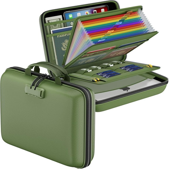 Fireproof Locking Document Organizer with Hard-Shell Case, 13-Pocket Accordion Folder, Portable Travel Safe for Files, Laptop, and Important Papers