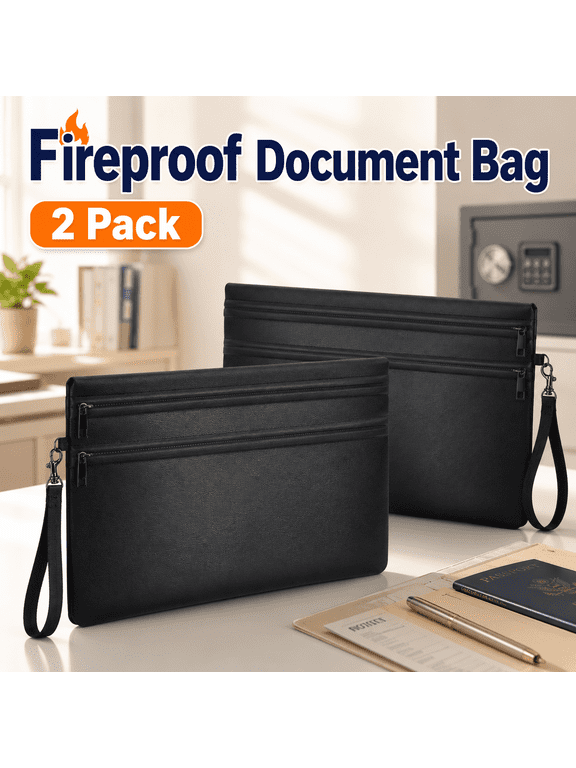 2-Pack Fire-Resistant Money Bags, 11 x 7.5 inch Document Pouches with Hidden Dual Zippers for Cash, Passports and Jewelry
