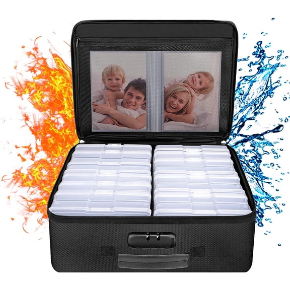 Fireproof Photo Storage Box with 16 Inner 4" x 6" Photo Case(Clear),Photo Box Organizer with Lock,Collapsible Portable Photo Storage Containers with Handle for Photos,Picture,Valuables