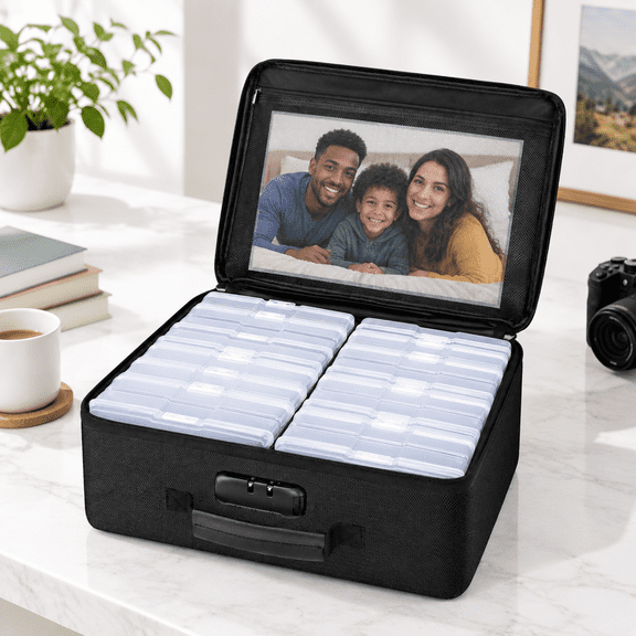 Fireproof Photo Storage Box, Black/Clear, 4" x 6" - 16 Cases, Collapsible Portable Container with Lock