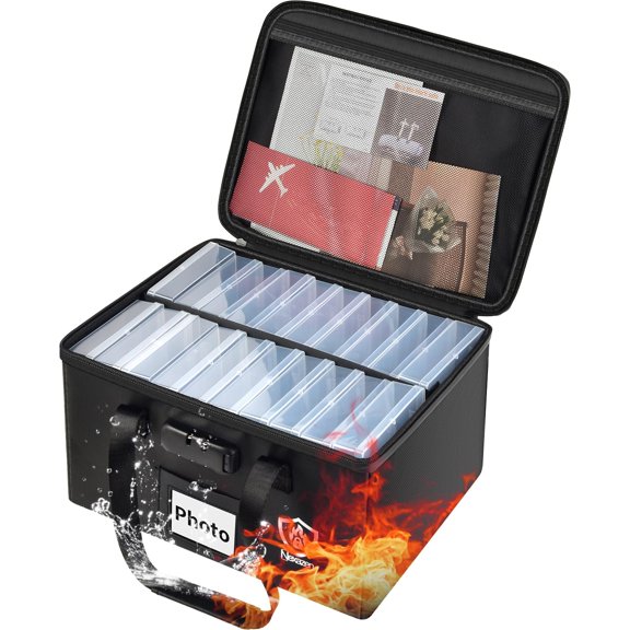 Fireproof Photo Storage Box with Lock, Holds 36 Inner 4"x6" and 3 Large 8"x12" Photo Cases, Waterproof Picture File Organizer, Portable Photos Boxes Containers for Valuables, Photos, Crafts