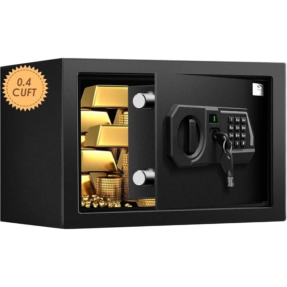 Fireproof Safe Box 0.4 Cuft Digital Box, Keypad Small Lock Box Cabinet Safes with Internal Light, Solid Alloy Office Hotel Mini Safe with 2 Passwords, Black