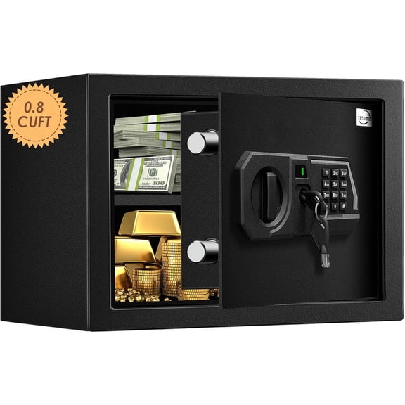 Fireproof Safe Box 0.8 Cuft Digital Box, Keypad Small Lock Box Cabinet Safes with Internal Light, Solid Alloy Office Hotel Mini Safe with 2 Passwords, Black