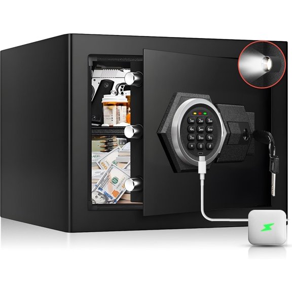 Fireproof  Safe Box- Steel Digital Combination Lock  Box with Type-C Backup & Sensor Light, Key Lock Safety Box for House Office Documents    - Black 2.4 Cu Ft