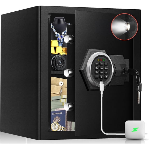 Fireproof Safe Box- Steel Digital Combination Lock Box with Type-C Backup & Sensor Light, Key Lock Safety Box for House Office Documents - Black 2.8 Cu Ft