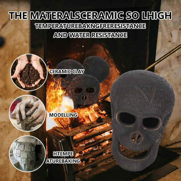 ​Fireproof Skull Flame Decor - 1800°F Resin Fire Pit Prop w/ Eye/Nose Flame Vents for Halloween & Bonfires (Reusable)​​ black