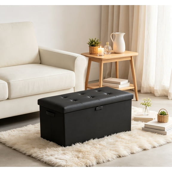 Fireproof Storage Ottoman Bench with Lock 30" Folding Foot Rest Stool, Waterproof Leather, Handles, Black for Living Room, Bedroom, Home Office