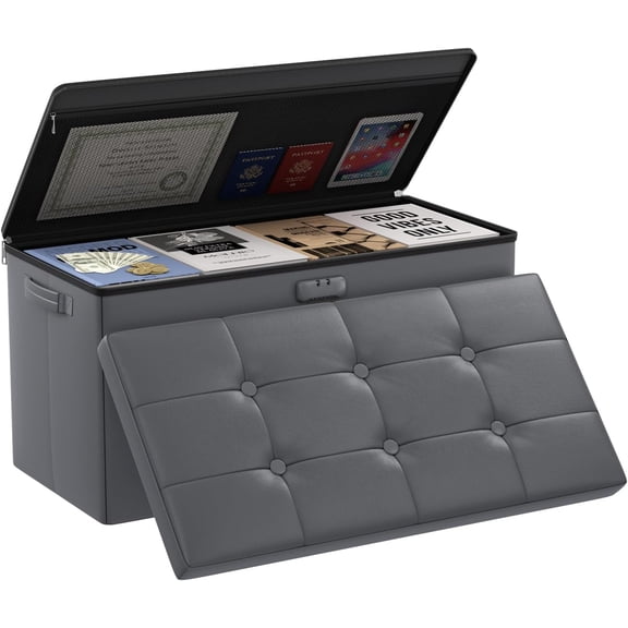 Fireproof Storage Ottoman Bench with Lock, 30 in Folding Foot Rest Stool Chest in Gray