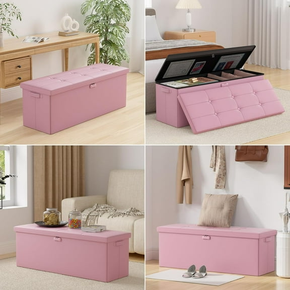 Fireproof Storage Ottoman with Lock, Waterproof Leather with 160L Hidden Space, Pink