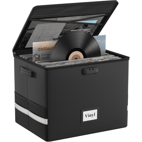 Fireproof Vinyl Record Storage Box with Lock,Large Record Organizer Storage for 150+ Single Records,Collapsible Storage Crate with Lid&Handles for Valuable Album Collection,16.1''x13''x13''