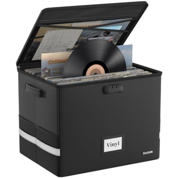 Fireproof Vinyl Record Storage Box with LockLarge Record Organizer Storage for 150+ Single Records Collapsible Storage Crate with LidHandles for Valuable Album Collection 16.1''x13''x13''