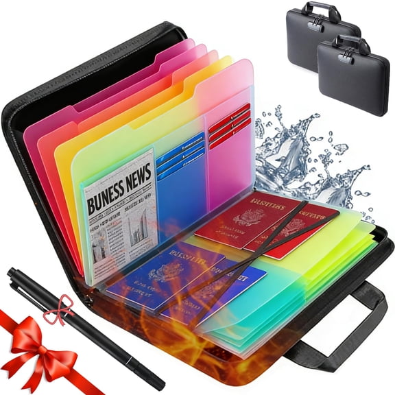 Fireproof & Waterproof Document Organizer with Lock-3-Digit, Fireproof Document Box with Lock, Important Document Organizer with 13 Pocket Accordion File Folder (Colored inner pages)