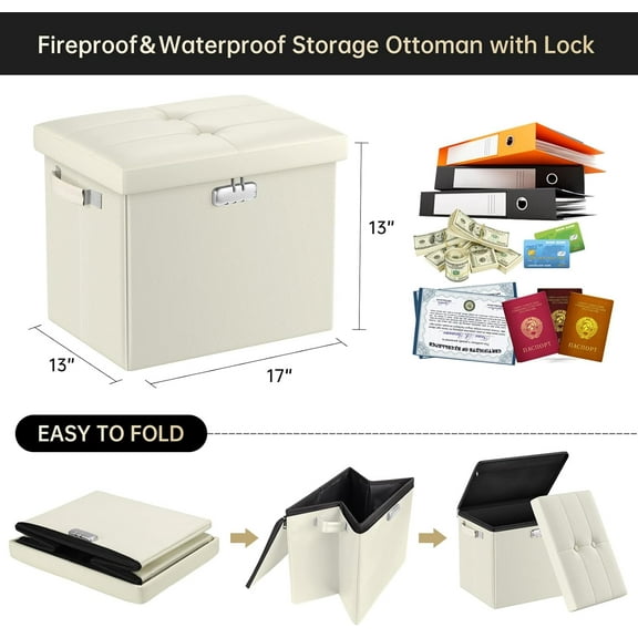 Fireproof & Waterproof Storage Ottoman with Lock, 17" Folding Stool for Documents, Beige