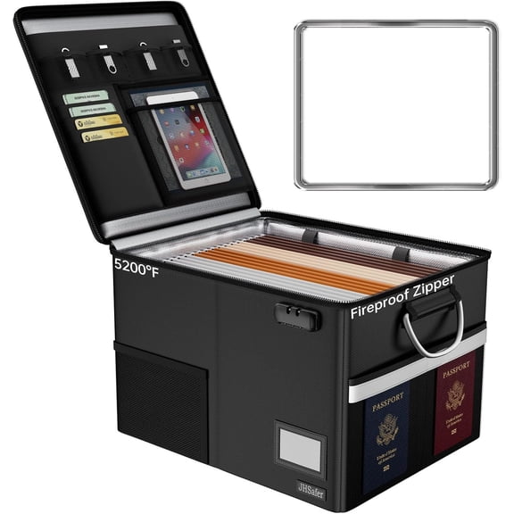 Fireproof Waterproof Document Box with Lock, Collapsible Filing Cabinet with Reflective Strip, Black