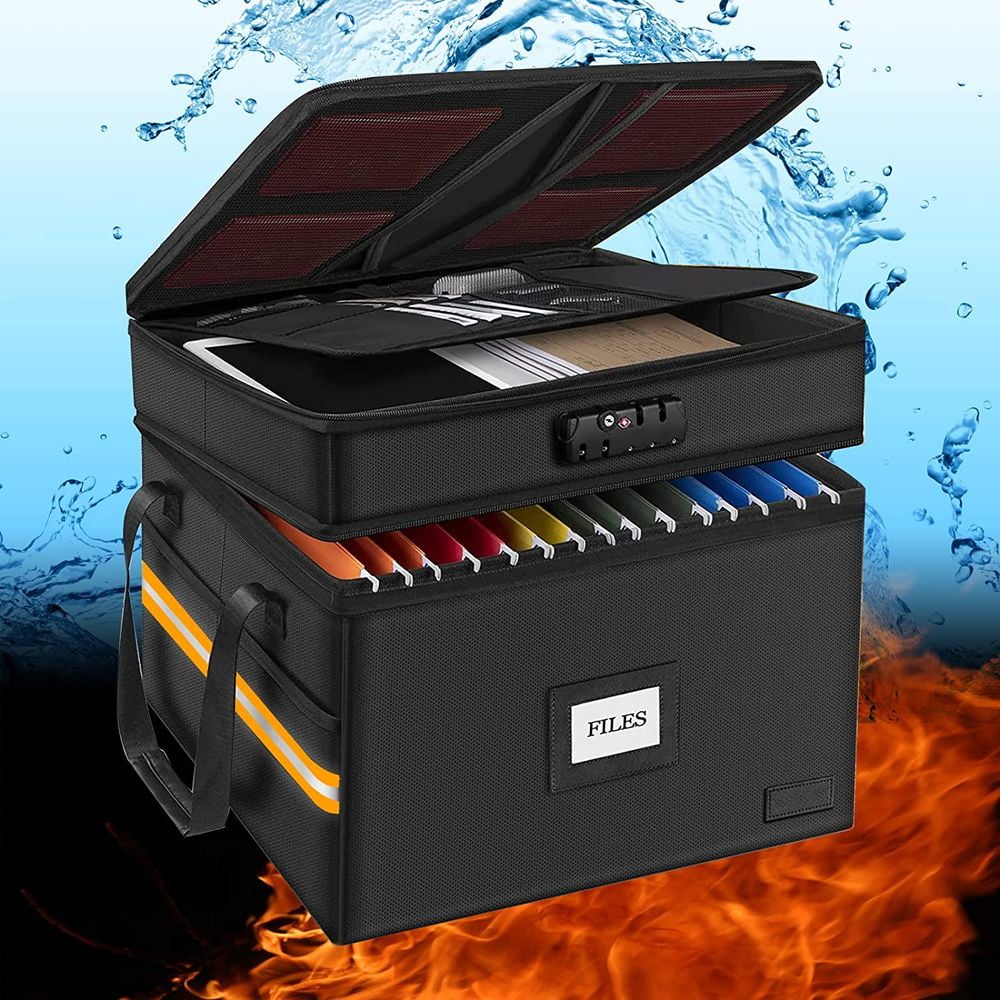 Fireproof and waterproof safe, double-layer folding file box with lock, portable office home storage box 16x12 inches, reflective security strip