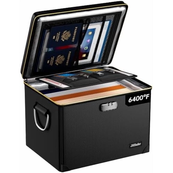 Fireproof document box with zipper & lock, insulated non-foldable case for letter folders, portable home office organizer.