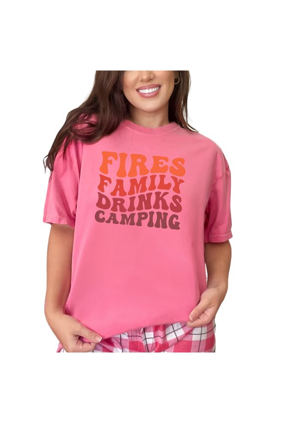 Fires, Family, Drinks, Camping Themed, Groovy Retro Wavy Text, Crunchberry Comfort Colors T-Shirt, 3XL