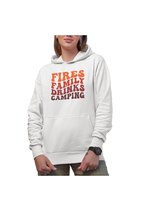 Fires, Family, Drinks, Camping Themed, Groovy Retro Wavy Text Merch Gift, White Hooded Sweatshirt or Hoodie, XL