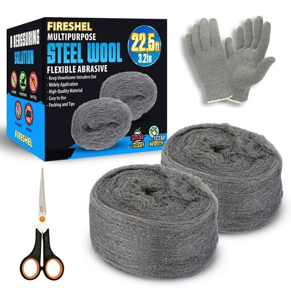 Fireshel Steel Wool Mice Fabric Roll Control with One Pair of Gloves & Scissor, 2 Count