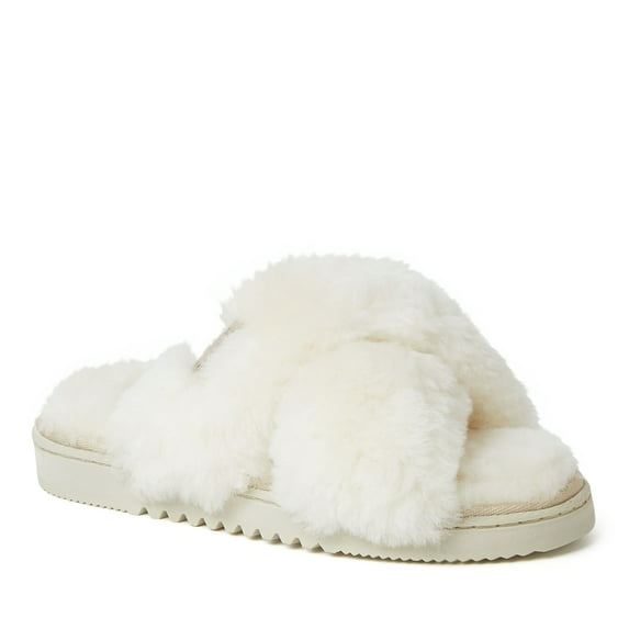 Fireside By Dearfoams Women's New Castle Genuine Shearling Cross Band Fuzzy Slide Slipper