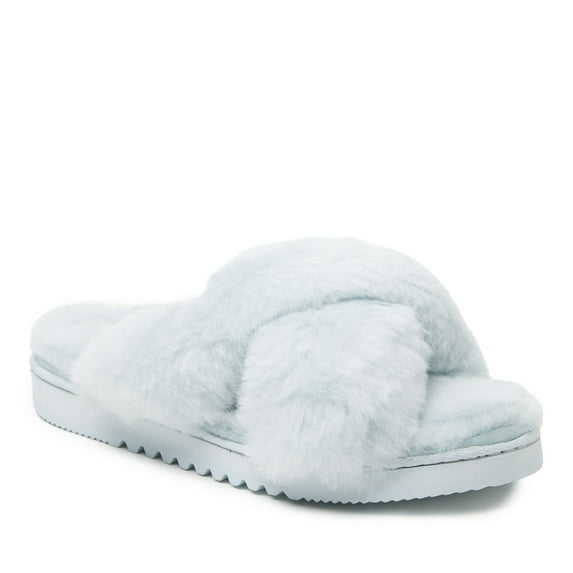 Fireside By Dearfoams Women's New Castle Genuine Shearling Cross Band Fuzzy Slide Slipper