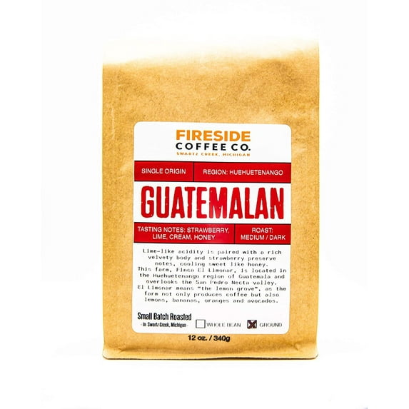 Fireside Coffee Company - Guatemalan - Ground Coffee 12 oz Bag - Farm Direct - Single Origin - Strawberry, Lime, Cream, Honey - Roast: Medium/Dark - Small Batch Roasted: Ground - Guatemalan