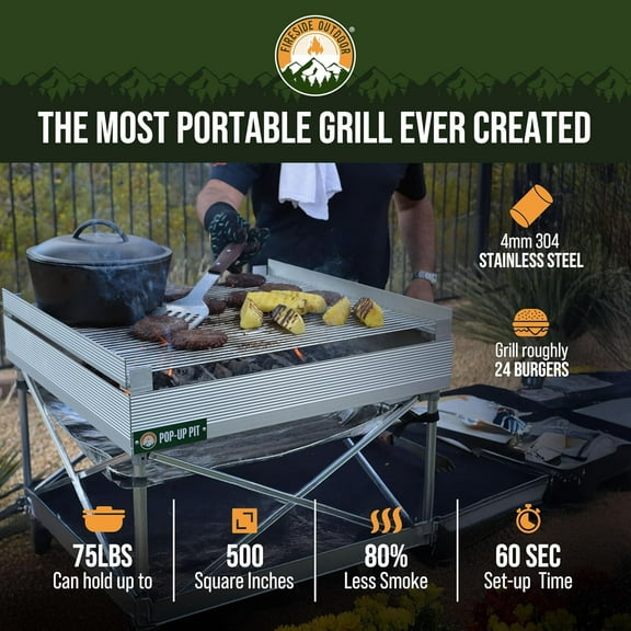 Fireside Outdoor Pop-Up Fire Pit Grill Grates - Folding Campfire Grill Grate Over Fire Pit Grate, Portable BBQ Grills, Camping Cooking, Camping Essentials, Outdoor Cooking - Quad-Fold Grates