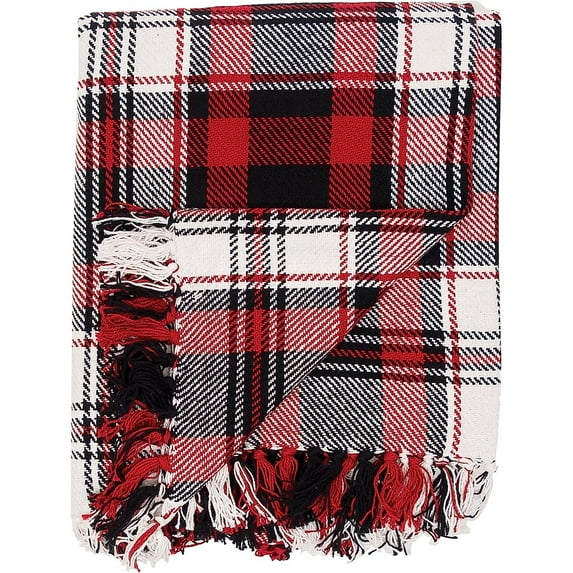 Fireside Woven Throw Red and Black Christmas Xmas Holiday Winter Lodge Cabin Plaid Blanket with Fringe Cotton Soft Cozy for Couch Sofa 50x60 inches Red