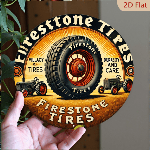 Firestone Tires Vintage Tractor Wall Art 8x8 Inch Round Aluminum Metal Sign Rustic Americana Decorative Plaque for Garage Farmhouse Home Decor