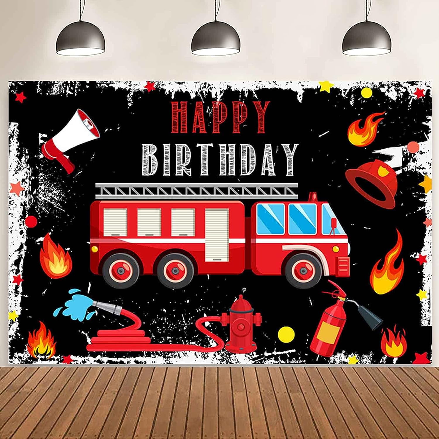Firetruck Backdrop for Boy Birthday Fire Hydrant Fireman Theme Black
