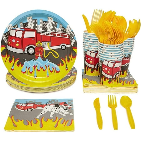 Firetruck Birthday Party Decorations, Paper Plates, Napkins, Cups and Plastic Cutlery (Serves 24, 144 Pieces)