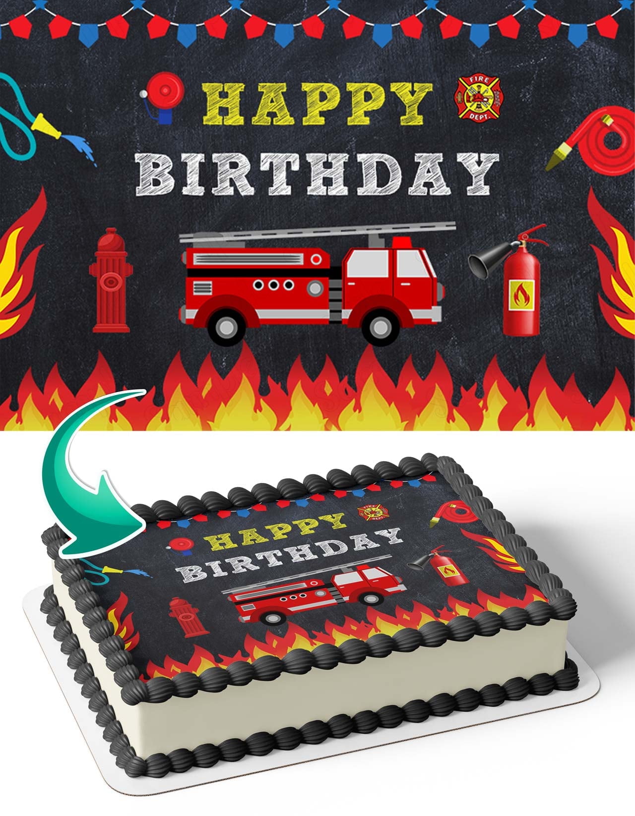 Firetruck Fire Rescue Kids Boys Firefighter RFT Edible Image Cake Topper Birthday Sheet Banner 1/4 Sheet
