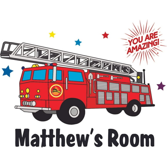 Firetruck Fire Truck Trucks Cartoon Customized Wall Decal - Custom Vinyl Wall Art - Personalized Name - Baby Girls Boys Kids Bedroom Wall Decal Room Decor Wall Stickers Decoration Size (27x30 inch)