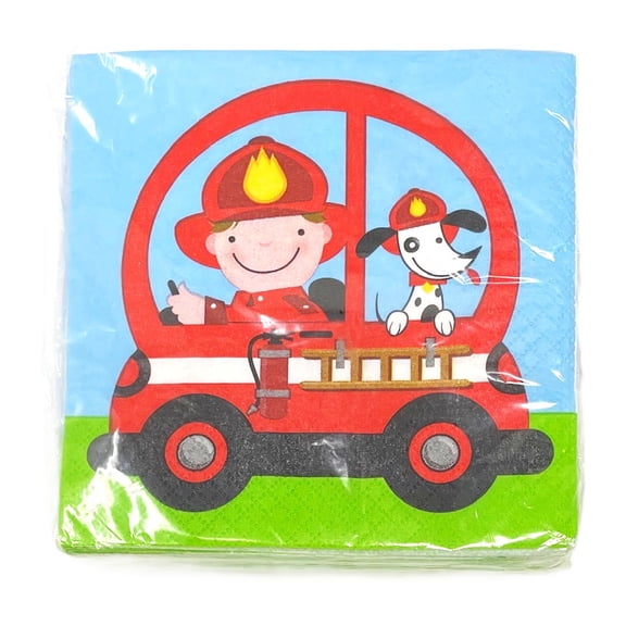 Firetruck Fireman & Puppy Kids 3-Ply Dessert Party Napkins - Pack of 16