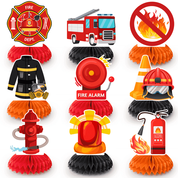 Firetruck Honeycomb Centerpieces, 9 Pcs Fireman Honeycomb Centerpiece, Firetruck Honeycomb Table Centerpiece, Firetruck Birthday Table Honeycomb Centerpieces for Firetruck Birthday Decorations